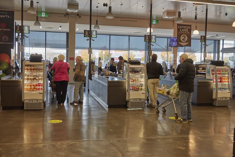 Customers Socially Distanced Lined Up At Checkouts, LaManna Supermarket, Essendon Fields, 11 June 2020