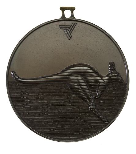 Medal with kangaroo (its body crossed by horizontal lines) leaping right above water. Triangular logo above.