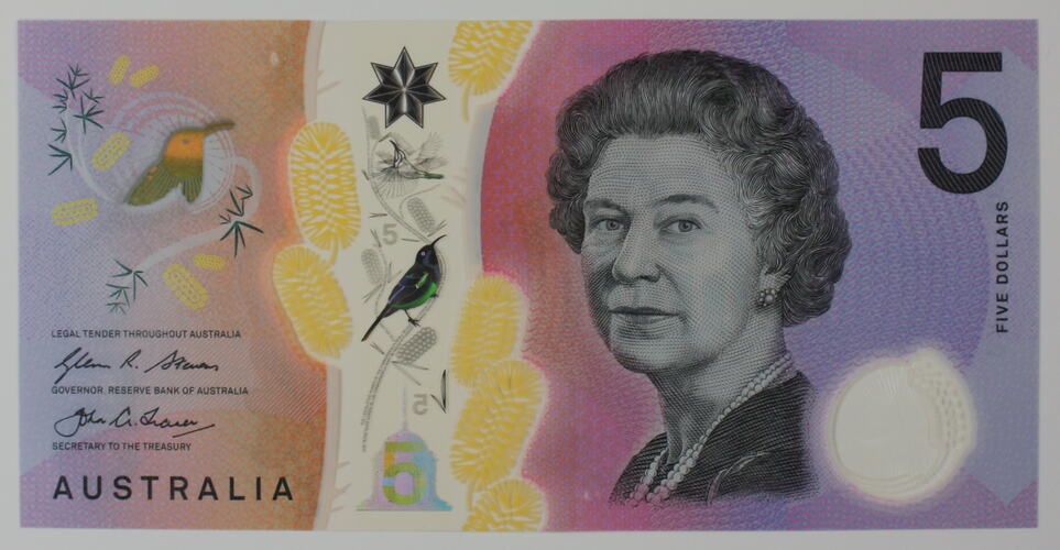 Rectangular pink polymer bank note. Birds and plants on left, Queen Elizabeth II on right.