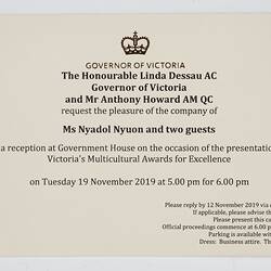 Invitation - Nyadol Nyuon, Victorian Multicultural Awards For Excellence, Government House, Melbourne, 2019