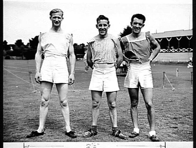 SUNSHINE HARVESTER WORKS PICNIC 1950: HELD AT THE FRANKSTON PARK: PLACEGETTERS IN THE SUNSHINE HANDICAP - L.TO R.- MAURICE GATHERCOLE (SECOND), HAROLD MASON (FIRST), ERIC WILCOX (THIRD): `SUNSHINE REVIEW': APRIL 1950