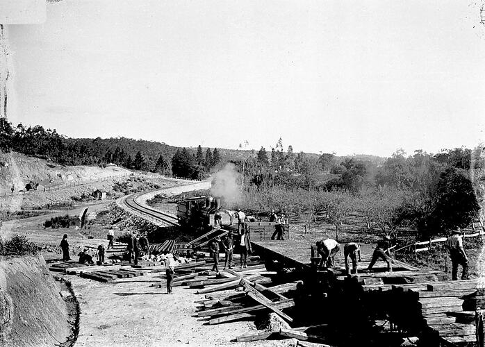 [Railway construction scene, Hurstbridge district, circa 1905.]