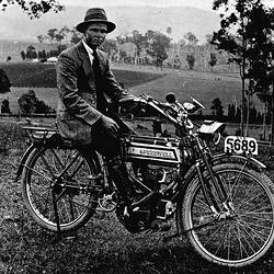 Negative - Speedwell Motor Cycle & Rider, Pokolbin, New South Wales, 1911