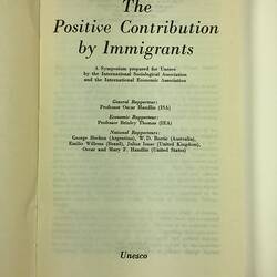 HT 56088, Book - 'The Positive Contribution By Immigrants', UNESCO Symposium, Paris 1960 (MIGRATION), Document, Registered