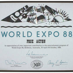 Certificate - World Expo 88, Prue Acton, Framed, 1988