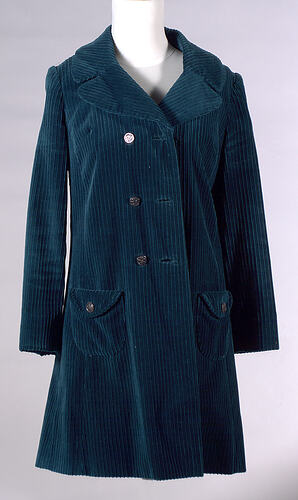 Jade corduroy double-breasted coat dress, military buttons.