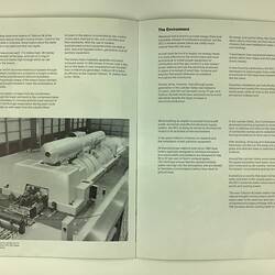 Open booklet. Black and white image of interior of a power station.