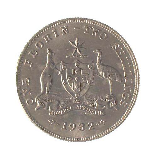 Specimen Coin - Florin (2 Shillings), Australia, 1932, photographed by Museums Victoria