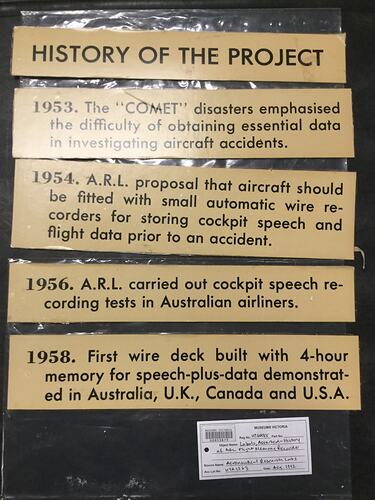 HT 64588, Labels - ARL Flight Memory Recorder, Aeronautical Research Laboratories, Melbourne, Australia, circa 1969 (AIR TRANSPORT), Object, Registered