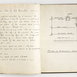 Open book, white pages with handwritten text and drawings of farming equipment.