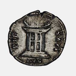 Roughly round coin with flaming altar. Text around.