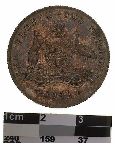 Specimen Coin - Florin (2 Shillings), Australia, 1922, photographed by Museums Victoria