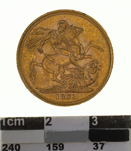 Coin - Sovereign, Victoria, Australia, 1873, photographed by Museums Victoria