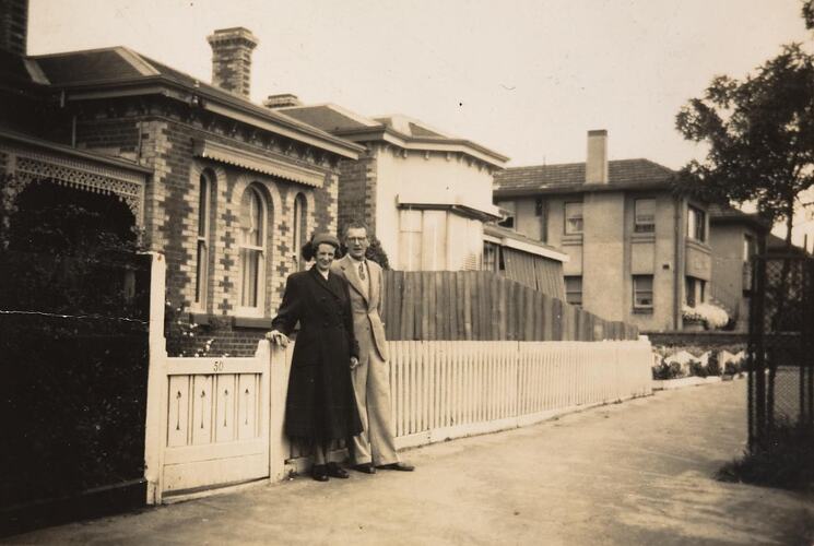 Digital Photograph - Man & Woman Outside House, Windsor, circa 1949