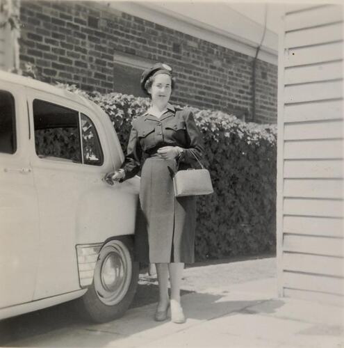 Digital Photograph - Official Driver for  Melbourne Olympic Games outside Home, Full Length Portrait, Brighton Beach, 1956