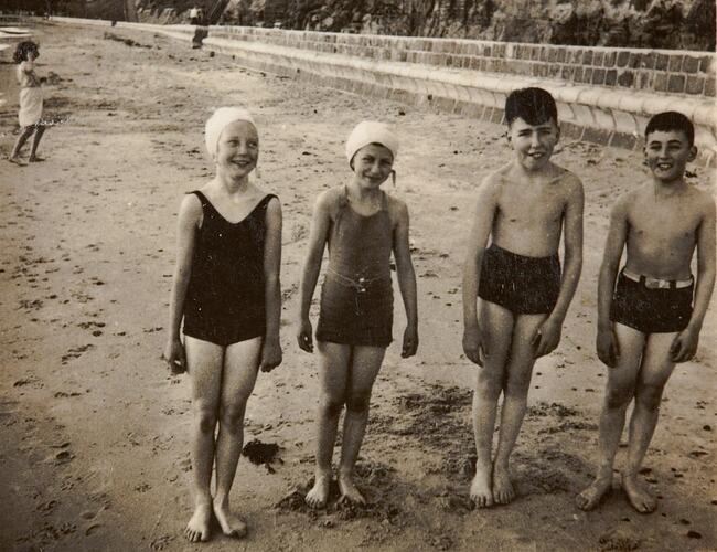 Digital Photograph - Two Girls & Two Boys Standing by Sea Wall, Black Rock Beach, 1941