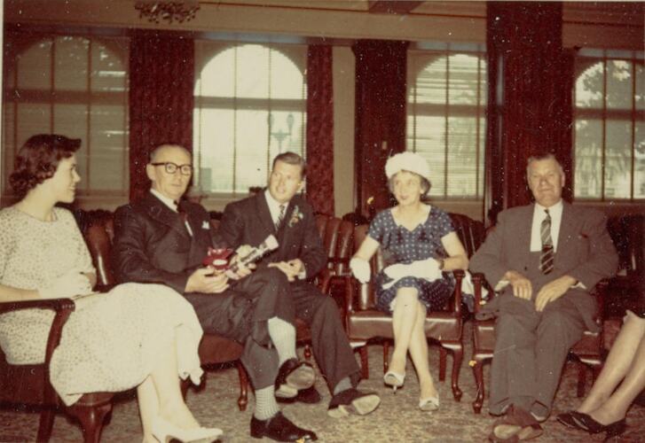 Digital Photograph - Three Women & Three Men Sitting at Windsor Hotel, Melbourne, 1961