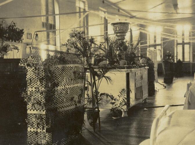 Digital Photograph - Beds, Cabinet & Potted Plants in Ward 7, Alfred Hospital, Prahran, Christmas 1924