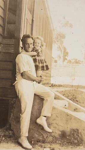 Digital Photograph - Infant Girl & Father on Back Steps of Home, Boronia, 1934