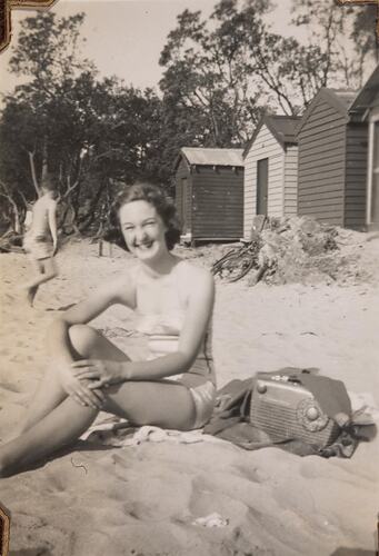 Digital Photograph - Woman with Radio, on Mornington Beach, 1953