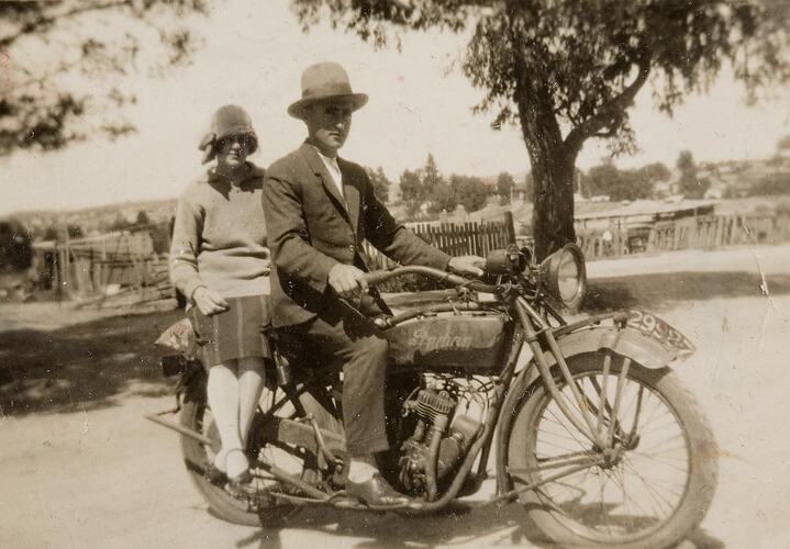Digital Photograph - Man on Motorbike, with Woman Riding Pillion, Melbourne, 1926