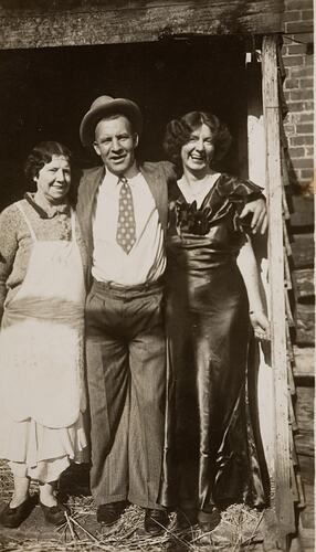 Digital Photograph - Woman & Man Dressed to Go Out, with Mother, Posed by Stable Door, circa 1930
