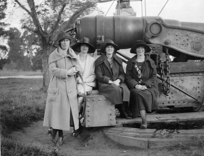 Digital Photograph - Four Women Dressed for Outing, Sitting on Machinery, Geelong, 1922