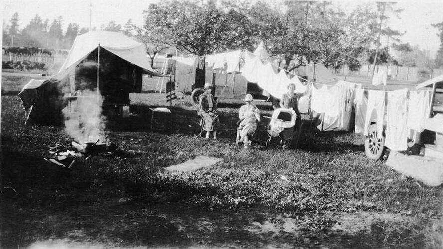 Digital Photograph - Holden Brothers Circus, View of Caravan, Campfire, Washing Line, Three Women & Child at Circus Campsite, circa 1927