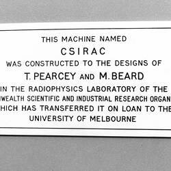 Photograph - CSIRAC Computer, Plaque for Opening Ceremony, 14 June 1956