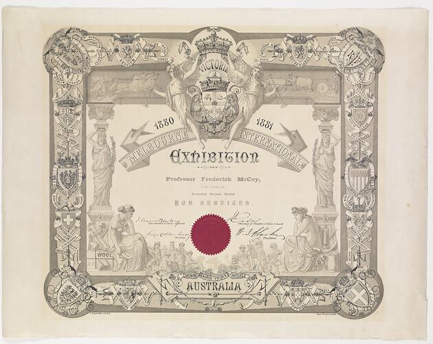 Grey and white certificate with red seal.