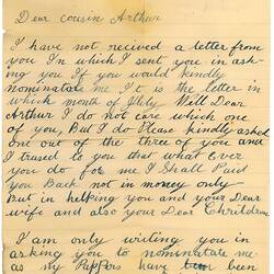 Letter - Thomasina Tye to Arthur Tye