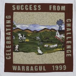 Square fabric patch depicting a farm scene. Text around.
