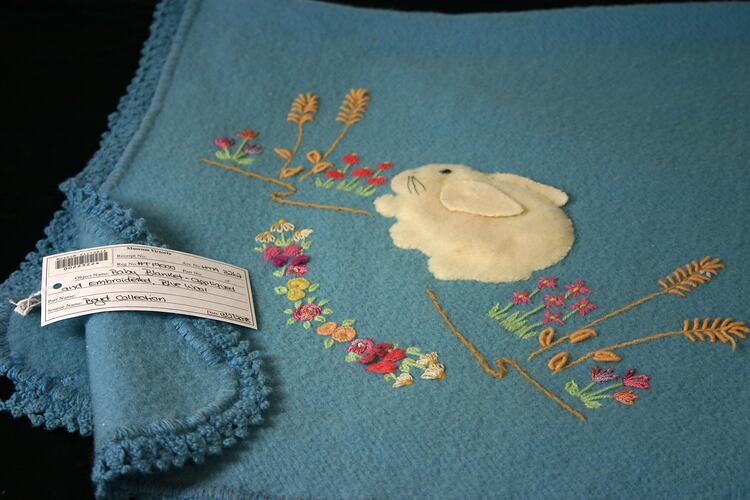 Baby Blanket - Appliqued and Embroidered, Blue Wool, circa 1950s