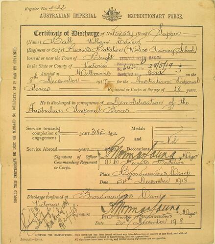 Certificate of Discharge - Issued to Sapper W.E. Ball, 24 Dec 1918