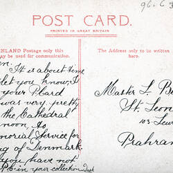 Postcard - Southern Facade, Exhibition Building, Valentine's Series, Melbourne, circa 1905 (Reverse)