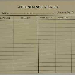Form - H.V. McKay Massey Harris, 'Attendance Record', 1946