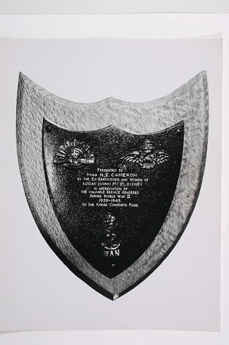 Photograph - Plaque Presented to Miss N.E. Cameron, Kodak Comforts Fund, Sydney, World War Two