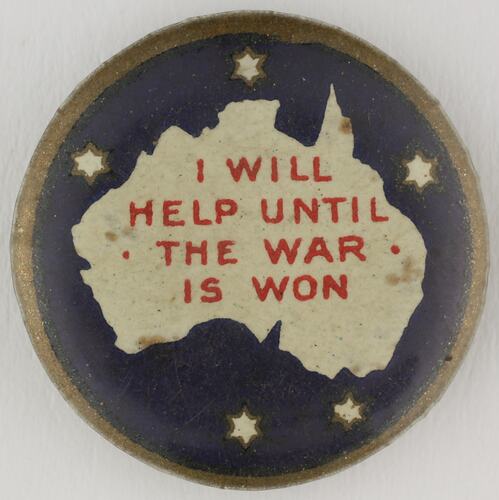 Round patriotic badge with white Australia image.