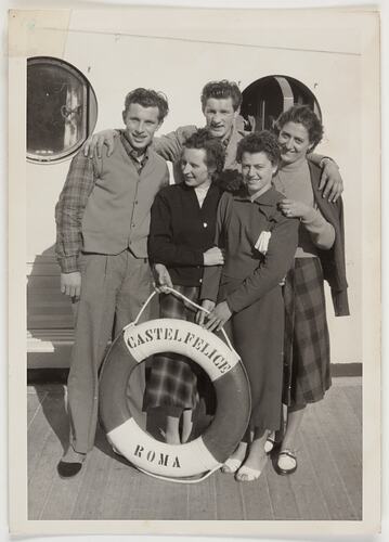 Italian migrants on the deck of the SS Castel Felice en route to Australia