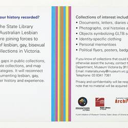 Flyer - Lesbian, Bisexual, Gay, Transgender Collections Survey, Midsumma Festival, Melbourne, 2005