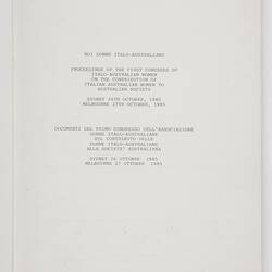 Conference Proceedings - the First Congress for Italo-Australian Women, 1985