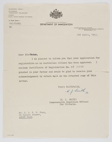 Letter - Department of Immigration, to J.L.W.H. Gung, Ascot Vale, Registration as Australian Citizen Approved, 03 Apr 1963