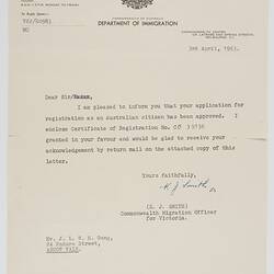 Letter - Australian Citizenship Registration Approval, J.L.W.H. Gung, 03 Apr 1963
