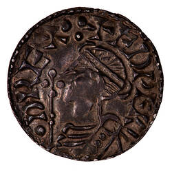 Coin, round, Diademmed bust of King Edward facing left with sceptre in front; text around, .+ EDPERD REX.'.
