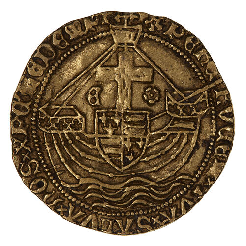 Coin, round, sailing ship bearing a shield quartered with the arms of England and France.