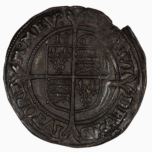 Coin, round, at centre within a beaded circle and over long cross fourchee, a quartered shield.
