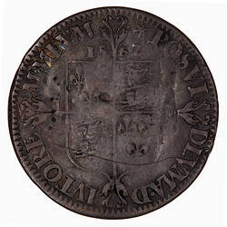 Coin, round, A plain, square topped shield quartered with the arms of France and England.