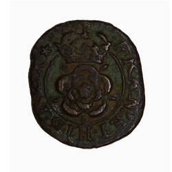 Token, Oval, at centre within a line circle, a rose; above, crown; text around, FRAN ET HIB REX.