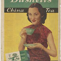 Colour advertisement of lady drinking tea.