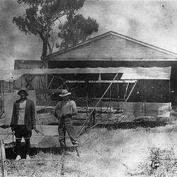 Negative - Posing with Completed Duigan Biplane Outside Its Shed, Spring Plains, Mia Mia, Victoria, 1910-1911